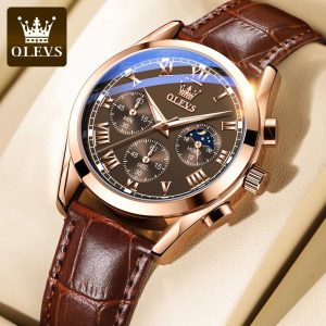 OLEVS 5610 New Luxury Fashion Glass Quartz Analog Men's Watch-Water Resistant-Coffee